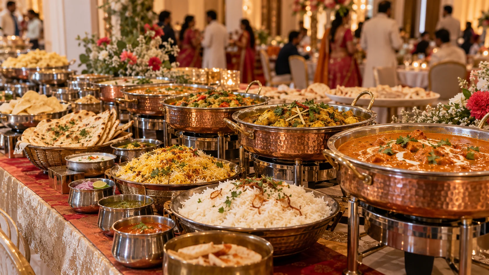 Indian dishes arranged for a catered celebration