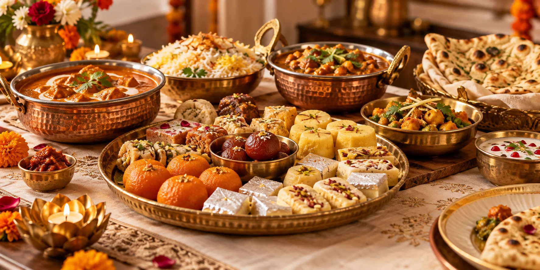 Traditional Indian sweets and dishes arranged for a celebration